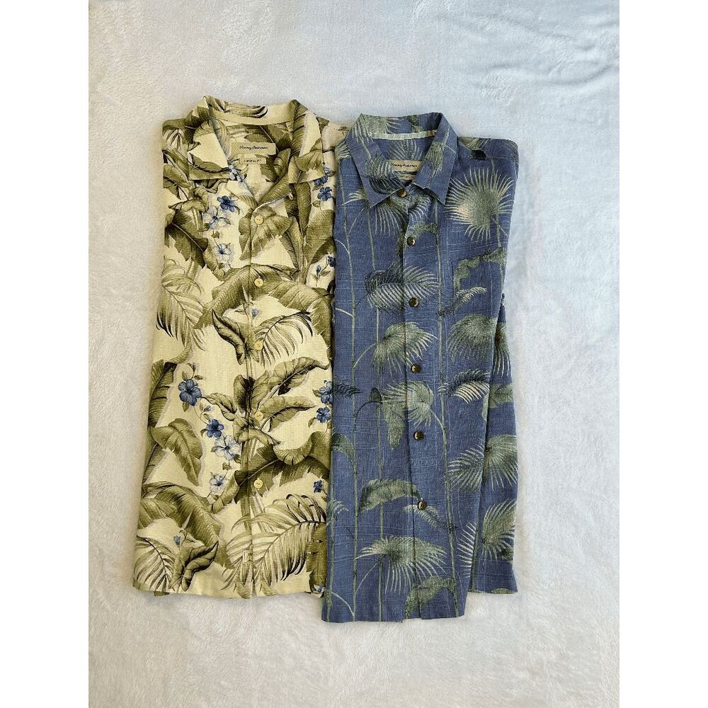 Tommy Bahama 100% Silk Hawaiian Camp Shirts Lot of Two, Size L, Blue/Cream